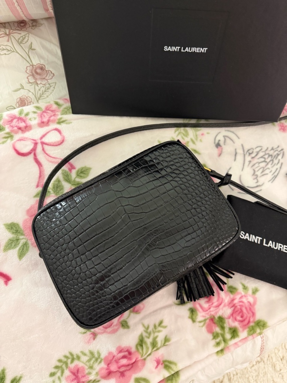 Saint Laurent Black Lou Croc-Embossed Leather Camera Bag - Picture 3 of 6